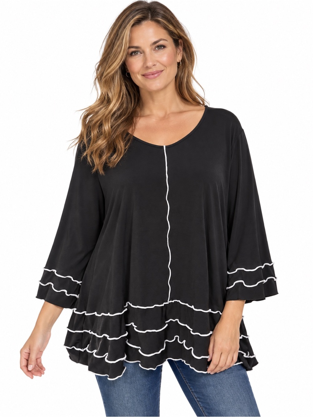 IC BY CONNIE K Size XL White Detailed Long Tunic Black Stretch Pullover